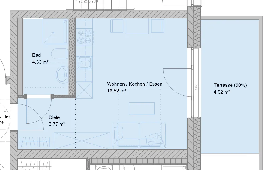Originalgrundriss WHL 4.01 · Erdgeschoss: 1-Zimmer-Wohnung