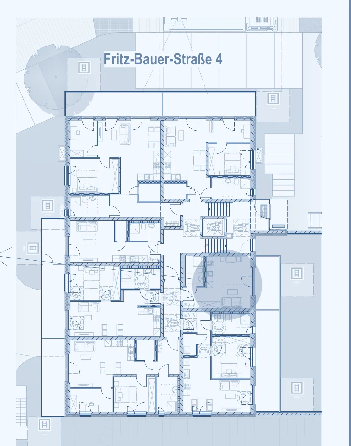 Lageplan Haus 4, Fritz-Bauer-Straße 4: Gebäude mit privaten Gärten, Stellplätzen und Zufahrt (Übersicht Außenanlage, FELDMANN architekten)