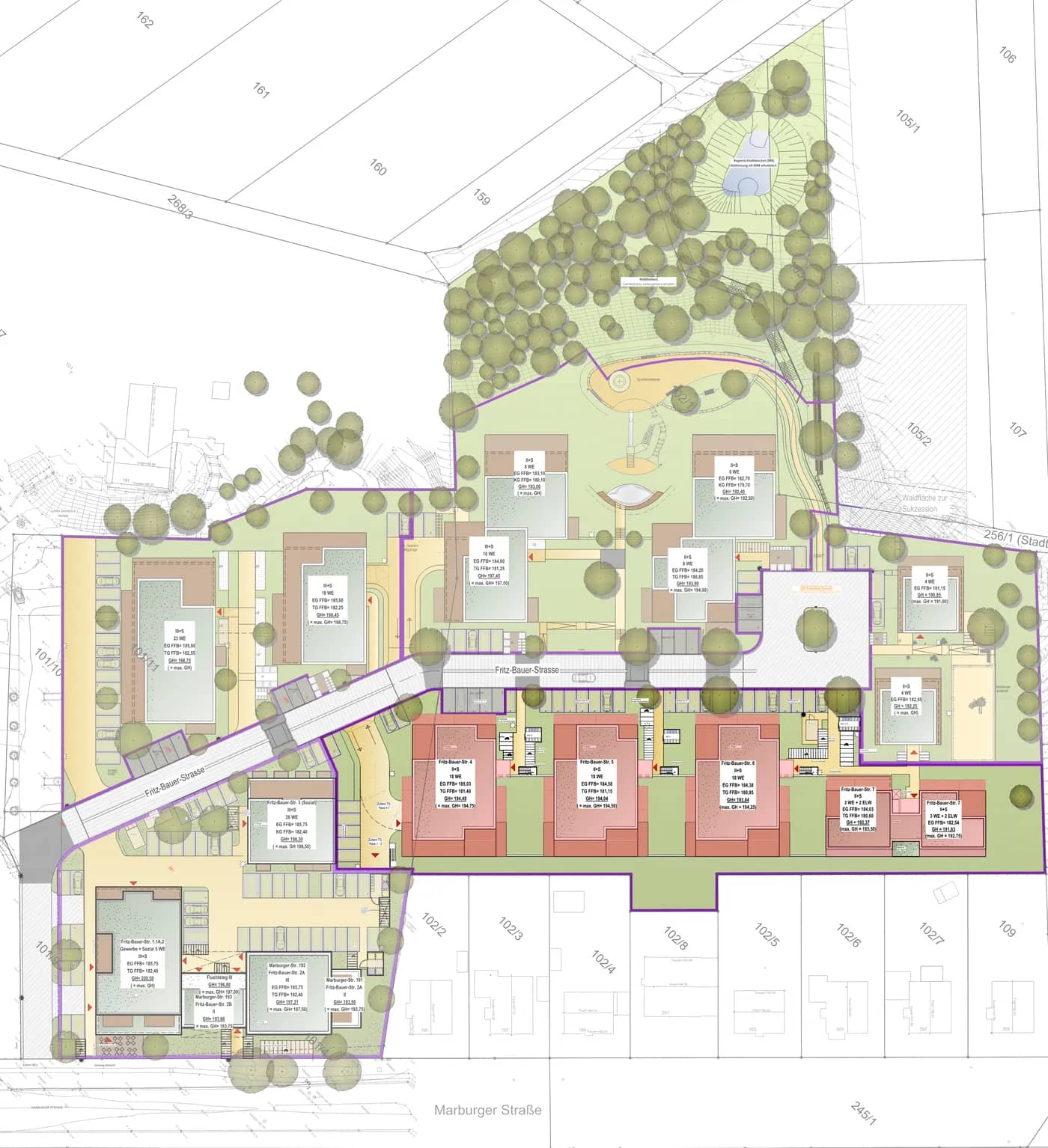 Freiflächenplan des Quartiers an der Fritz-Bauer-Straße in Gießen: ServiceWohnen-Häuser 4 bis 7 (rot hervorgehoben) an der Fritz-Bauer-Straße, weitere Wohngebäude, Grün- und Spielflächen sowie Zufahrt von der Marburger Straße (FELDMANN architekten)