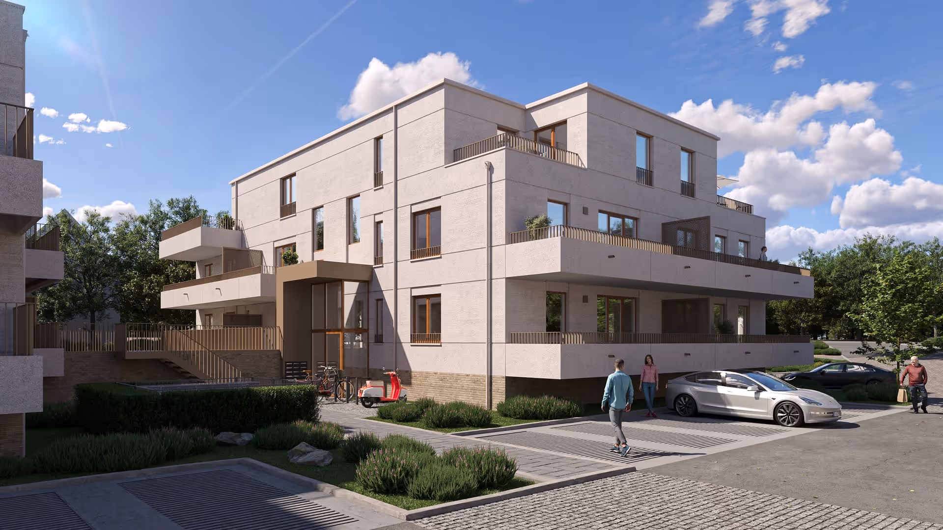 Visualisierung: Eingangsseite von Haus 4 im Westhang Living mit Vorplatz und Balkonen